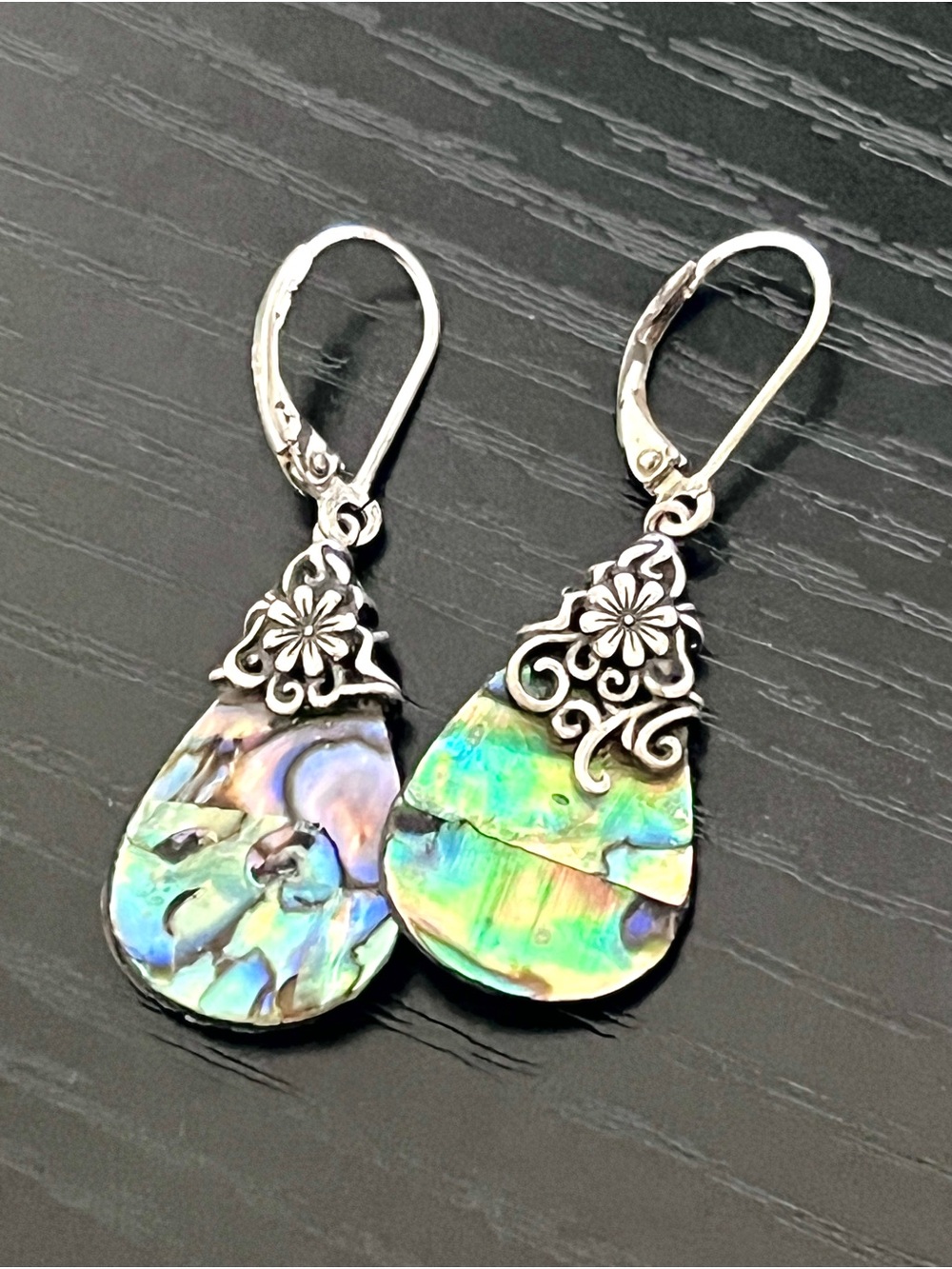 Stamped 925 Sterling Silver Abalone Teardrop Leverback Dangle Earrings Floral - Picture 3 of 3